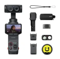 Insta360 Luna Ultra Creator Bundle Cosmic Black with 8K sensor, 12x zoom lens, and detachable touchscreen remote in use, featuring a complete accessory kit including Mic Pro TX, wide-angle lens, and carrying case.Insta360 Luna Ultra Creator Bundle Cosmic Black with 8K sensor, 12x zoom lens, and detachable touchscreen remote in use, featuring a complete accessory kit including Mic Pro TX, wide-angle lens, and carrying case.