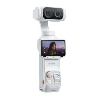 Insta360 Luna Ultra žiroskopiskā kamera Stellar White krāsā ar 8K sensoru un 12x Leica zoom objektīvu, atdalītu OLED skārienekrānu, kas rāda tiešo video priekšskatījumu