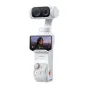 Insta360 Luna Ultra gimbal camera in Stellar White with detachable OLED touchscreen, displaying a portrait video preview, 3x zoom, and dual-lens setup with Leica branding.