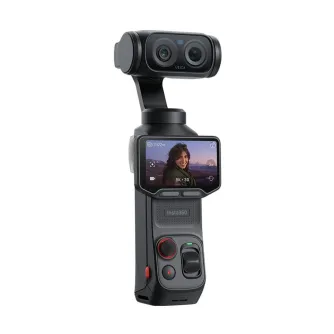 Insta360 Luna Ultra 8K akcijas kamera Cosmic Black krāsā ar detašējamu OLED skārienekrānu, Leica divu objektīvu uzstādījumu un izvēlēto 3x tālummaiņu.