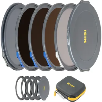NiSi JetMag Pro 82mm filter kit with True Color CPL and 3, 6, 10-stop ND filters, metal caps, adapter rings, and carrying caddy bag
