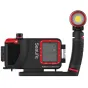 Корпус SeaLife SportDiver Pro 2500 для подводной съемки с мощным прожектором Sea Dragon на 2500 люмен, вид спереди и сбоку, глубинный рейтинг до 40 метров (130 футов), с большими сенсорными кнопками управления и съемным цветным 