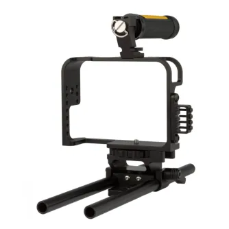 Ikan Cage Kit for Panasonic GH4 with reversible top handle, 15mm rods, and LED light attachment - robust aluminum camera cage with tool-less assembly