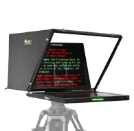 Ikan profesionālais 19 colu augstas spilgtuma PTZ teleprompters ar 1000 nitu monitoru, uzstādīts uz statīva, ekrānā redzams paraugsaksts ziņāmIkan profesionālais 19 colu augstas spilgtuma PTZ teleprompters ar 1000 nitu monitoru, uzstādīts uz statīva, ekrānā redzams paraugsaksts ziņām
