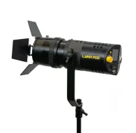 Ikan LBF60Z-POE bi-color LED light with adjustable Fresnel lens and barn doors, mounted on a stand for professional lighting setupsIkan LBF60Z-POE bi-color LED light with adjustable Fresnel lens and barn doors, mounted on a stand for professional lighting setups