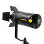 Ikan LBF60Z-POE bi-color LED Fresnel light with adjustable barn doors and PoE++ Ethernet power connection, mounted on a yoke for studio and broadcast lighting