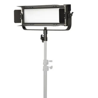Ikan LBX8 low-profile bi-color DMX studio light with barn doors mounted on a light stand for professional film and photography lighting
