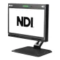 Ikan Aura POE++ 19 colu NDI monitors priekšējā skatā ar zaļu barošanas indikatoru, NDI logotipu ekrānā un numurētām talija pogām studijas lietošanai