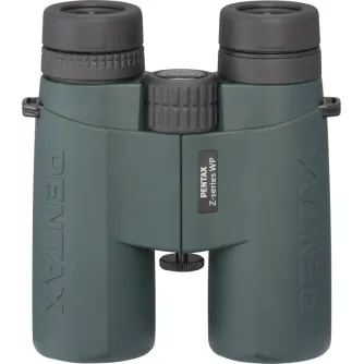 Pentax ZD Waterproof 10x43 binoculars front view featuring WP waterproof certification, durable green rubber armor, and superior optical performance for outdoor enthusiasts