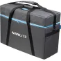 Nanlite FS-150B bi-color LED light kit portable case with black straps and blue accents for professional photography and video lighting