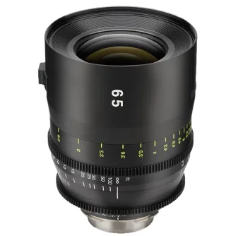 Tokina Vista 65mm T1.5 cinema lens for Canon EF mount with attached hood, featuring front focus scale and aperture markings