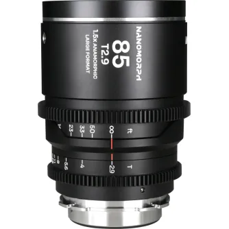 Laowa Nanomorph LF 85mm T2.9 sudraba anamorfa kinolēca ar 1.5X spiešanas efektu, Arri PL/Canon EF montāža, priekšējais skats ar fokusa un apertūras norādījumiem