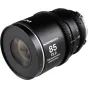 Laowa Nanomorph LF 85mm T2.9 1.5X sudraba anamorfa kinolēca ar Arri PL/Canon EF savienojumu, izceļot priekšējo elementu un fokusa gredzenu