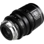 Laowa Nanomorph LF 85mm T2.9 1.5X anamorfais kinolēca ar sudraba flēras variantu, Arri PL/Canon EF montāža, izceļot priekšējo elementu un detalizētus apakšas un fokusa gredzenus