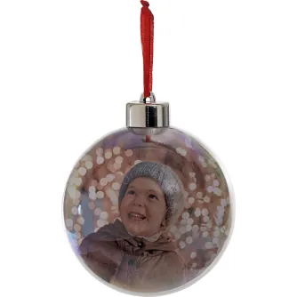 FOCUS acrylic Christmas ball 10cm featuring a photo of a smiling child in a winter hat against a glittery background