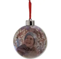 FOCUS acrylic Christmas ball 10cm featuring a photo of a smiling child in a winter hat against a glittery backgroundFOCUS acrylic Christmas ball 10cm featuring a photo of a smiling child in a winter hat against a glittery background