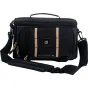 PolarPro RoadRunner 6L shoulder bag with tan accents, ideal for Leica Q3, Sony FX3, and DJI Air 3S, featuring multiple compartments and a sturdy shoulder strap.