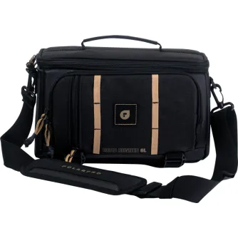 PolarPro RoadRunner 6L shoulder bag with tan accents, ideal for Leica Q3, Sony FX3, and DJI Air 3S, featuring multiple compartments and a sturdy shoulder strap.