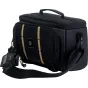 PolarPro RoadRunner 6L shoulder bag with tan accents, designed for Leica Q3, Sony FX3, and DJI Air 3S, featuring side compartments and a detachable pouch.