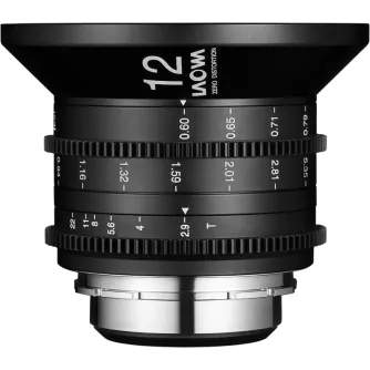 Объектив Laowa 12мм T2.9 Zero-D Cine с байонетом Arri PL - профессиональный ультраширокоугольный кинообъектив с нулевой дисторсией, вид спереди с метками фокусировки и диафрагмы