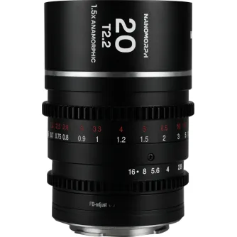 Laowa Nanomorph 20mm T2.2 silver anamorphic lens for MFT cameras featuring MOD 0.8 cine gears and a long focus throw