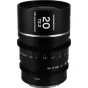Laowa Nanomorph 20mm T2.2 silver anamorphic lens for MFT cameras with 1.5X squeeze ratio, front view showing 0.8 MOD cine gears and aperture markings