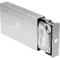 Внешний жесткий диск OWC Mercury Elite Pro 20TB с установленным 3,5-дюймовым HDD, открытый вид алюминиевого корпуса с внутренним отсеком и системой защиты от ударов