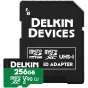 Delkin microSD Power 256GB UHS-II V90 card with UHS-II SD adapter for high-speed 8K video recording and professional photography