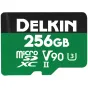 Delkin 256GB microSD UHS-II V90 memory card front view, designed for high-speed 8K video recording and professional photography