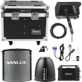 NANLUX Evoke 2400B professional LED spot light kit with 45-degree reflector, power supply, remote control, cables, and sturdy flight case for film lighting