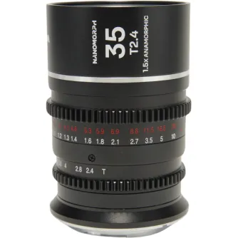 Laowa Nanomorph 35mm T2.4 1.5X Anamorfa sudraba lēca - priekšējais skats ar fokusa un apertūras gredzeniem