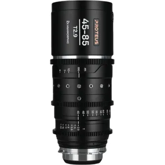 Laowa Proteus Zoom 2X Anamorphic 45-85mm T2.9 lens with PL mount, showcasing front view with focus and aperture markings