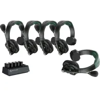 Hollyland Solidcom SE Pro 5-person wireless intercom headset set with noise cancellation, featuring 5 single-ear headsets and a charging base with multiple Li-ion batteries.Hollyland Solidcom SE Pro 5-person wireless intercom headset set with noise cancellation, featuring 5 single-ear headsets and a charging base with multiple Li-ion batteries.