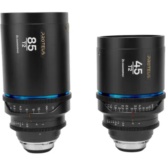 Laowa Proteus 2X Anamorphic 45mm and 85mm lenses set with PL mount, showcasing professional-grade optics and T2 aperture for cinematic filmmaking