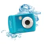 DiFox Aquapix W3027 Wave waterproof digital camera in ice blue, front view with water splash effect emphasizing durability and underwater use