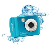DiFox Aquapix W3027 Wave ūdensnecaurlaidīga digitālā kamera ledus zilā krāsā, priekšējais skats ar ūdens šļakatu efektu, uzsverot izturību un izmantošanu zem ūdensDiFox Aquapix W3027 Wave ūdensnecaurlaidīga digitālā kamera ledus zilā krāsā, priekšējais skats ar ūdens šļakatu efektu, uzsverot izturību un izmantošanu zem ūdens