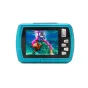 DiFox Easypix Aquapix W3027 Wave waterproof camera in ice blue, front view with 2.7-inch display showing underwater scene and diver surrounded by marine life