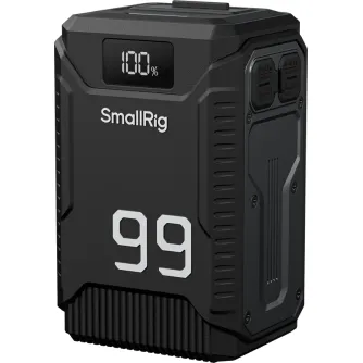 SmallRig T99 V-Mount battery power bank with 99Wh capacity, rugged TPU and metal construction, front digital display, and multiple output ports for professional video equipment