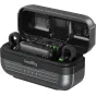 SmallRig S70 wireless lavalier microphone system charging case with two TX transmitters and smartphone RX receiver, featuring green power indicators and USB-C compatibility