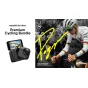 Insta360 GO Ultra Premium Cycling Bundle featuring a compact action camera, magnetic accessories, and a 128GB SD card, docked with touchscreen display alongside cycling-themed lifestyle imagery.