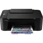 Canon PIXMA TS3750i all-in-one printer producing a colorful photo from the output tray, featuring a compact design and smart printing capabilities.