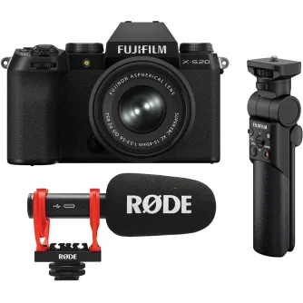 Fujifilm X-S20 vlogger kit with XC 15-45mm lens, Rode VideoMic Go II shotgun microphone, and Fujifilm TG-BT1 vertical tripod grip for professional content creation