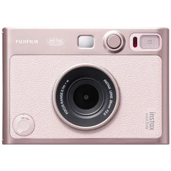 Fujifilm Instax Mini Evo USB-C camera in gentle rose color with 28mm f/2.0 lens and hybrid system features
