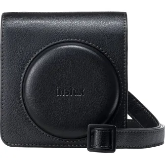 Fujifilm Instax Mini 99 black protective case with debossed logo, stylish leather texture, and secure buckle closure