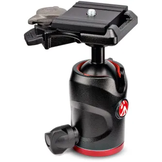 Manfrotto Mini MH494-BH kompakta ballgalva ar ātri atbrīvojošo plātni, 8 kg nesējspēju, melnā un sarkanā dizainā, spriedzes regulēšanas pogu un līmeņa burbuļiem