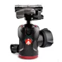 Manfrotto Mini MH494-BH kompakta ballgalva ar 8 kg nesēspēju, melnā un sarkanā dizainā, sānu skats ar ātras atbrīvošanas plāksni un līmeņa burbulīšiem