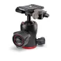 Manfrotto Mini MH494-BH compact ball head with 8 kg load capacity, black and red design, tension control knobs, and quick-release plate for mirrorless and DSLR cameras