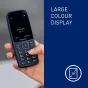 Panasonic KX-TF400EXC kompaktā telefona modelis ar lielu 2.4 collu krāsainu ekrānu un taustāmajām tastatūras pogām, demonstrējot skaidru ekrāna saskarni.
