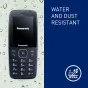 Синий мобильный телефон Panasonic KX-TF400EXC с защитой от воды и пыли IP44, вид спереди с экраном и клавиатурой