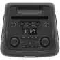 Panasonic SC-BMAX5E-K 75W Bluetooth partijas skaļrunis priekšējā skatā ar apgaismotu displeju un vadības pogām skaļumam, mikrofona līmenim, ģitāras līmenim, basam un gaismas efektiem
